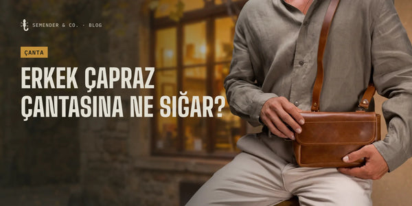 Keten gömlek üzerinde çapraz takılmış konyak rengi küçük deri çanta