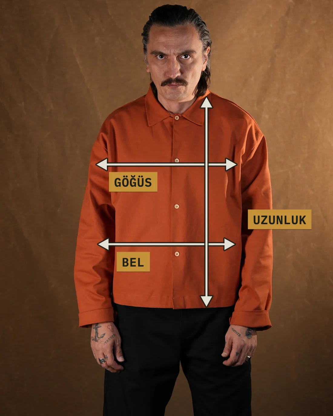 Ölçü noktaları: Göğüs (cm), Bel (cm), Uzunluk (cm)