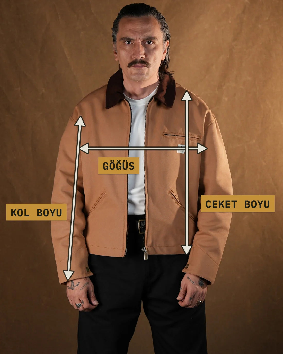 Ölçü noktaları: Göğüs (cm), Kol Boyu (cm), Ceket Boyu (cm)
