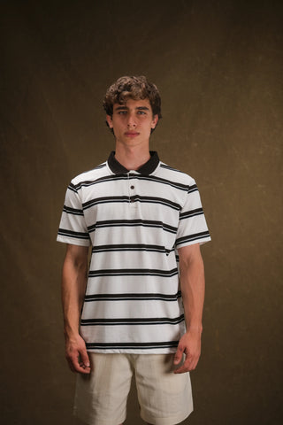 Çizgili Polo Yaka Triko Erkek T-Shirt | Regular Fit - Ekru