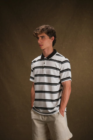 Çizgili Polo Yaka Triko Erkek T-Shirt | Regular Fit - Ekru
