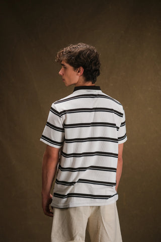 Çizgili Polo Yaka Triko Erkek T-Shirt | Regular Fit - Ekru
