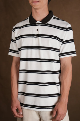 Çizgili Polo Yaka Triko Erkek T-Shirt | Regular Fit - Ekru