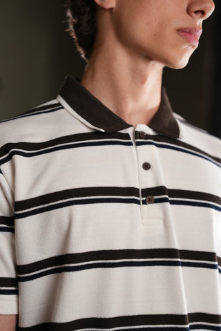 Çizgili Polo Yaka Triko Erkek T-Shirt | Regular Fit - Ekru