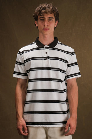 Çizgili Polo Yaka Triko Erkek T-Shirt | Regular Fit - Ekru