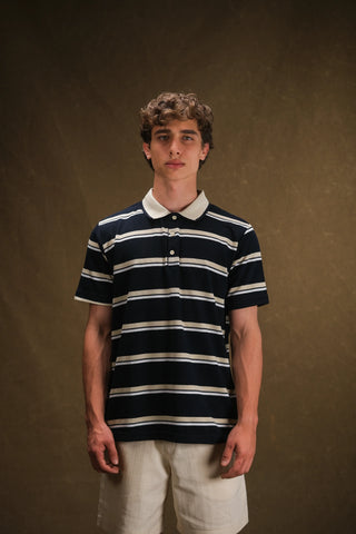 Çizgili Polo Yaka Triko Erkek T-Shirt | Regular Fit - Lacivert
