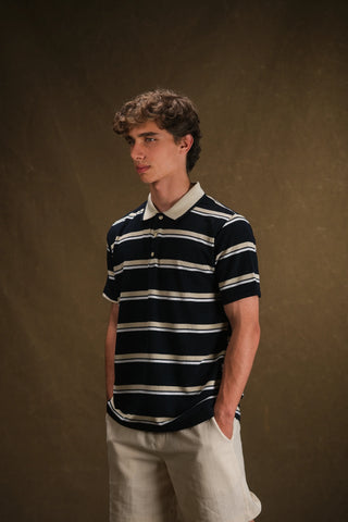Çizgili Polo Yaka Triko Erkek T-Shirt | Regular Fit - Lacivert