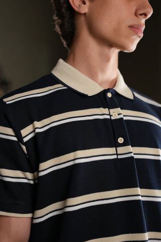 Çizgili Polo Yaka Triko Erkek T-Shirt | Regular Fit - Lacivert