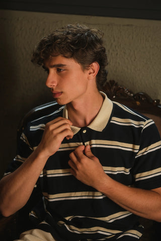 Çizgili Polo Yaka Triko Erkek T-Shirt | Regular Fit - Lacivert