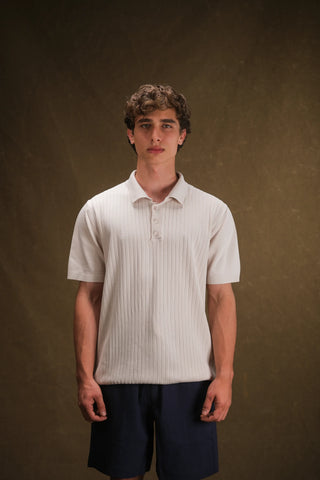 Düğmeli Polo Yaka Triko Erkek T-Shirt | Regular Fit - Ekru