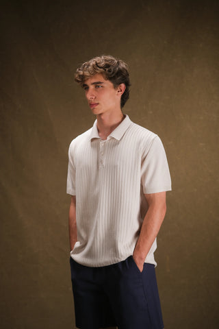 Düğmeli Polo Yaka Triko Erkek T-Shirt | Regular Fit - Ekru