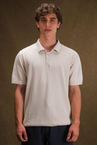 Düğmeli Polo Yaka Triko Erkek T-Shirt | Regular Fit - Ekru