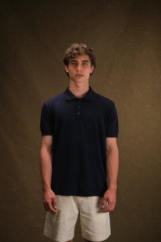 Düğmeli Polo Yaka Triko Erkek T-Shirt | Regular Fit - Lacivert