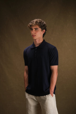 Düğmeli Polo Yaka Triko Erkek T-Shirt | Regular Fit - Lacivert