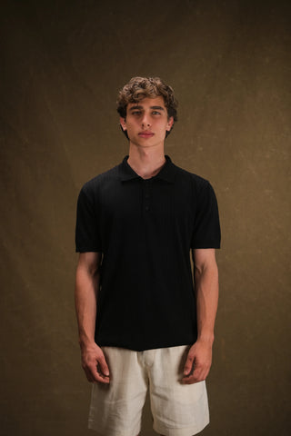 Düğmeli Polo Yaka Triko Erkek T-Shirt | Regular Fit - Siyah