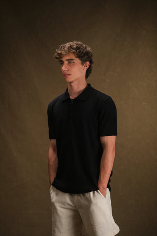 Düğmeli Polo Yaka Triko Erkek T-Shirt | Regular Fit - Siyah