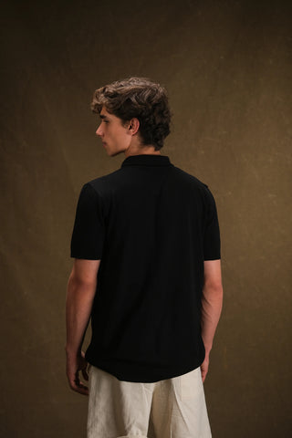 Düğmeli Polo Yaka Triko Erkek T-Shirt | Regular Fit - Siyah