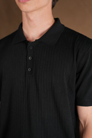 Düğmeli Polo Yaka Triko Erkek T-Shirt | Regular Fit - Siyah