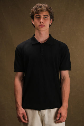 Düğmeli Polo Yaka Triko Erkek T-Shirt | Regular Fit - Siyah