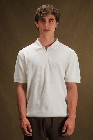 Selanik Fermuarlı Polo Yaka Erkek T-Shirt - Beyaz
