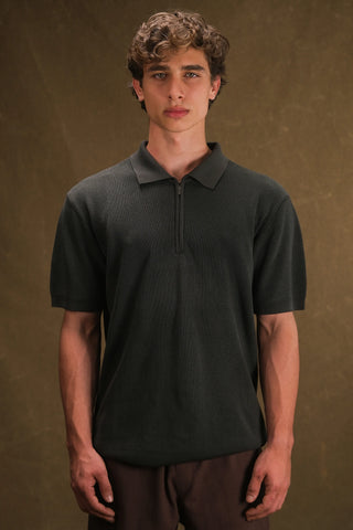 Selanik Fermuarlı Polo Yaka Erkek T-Shirt - Haki Yeşil