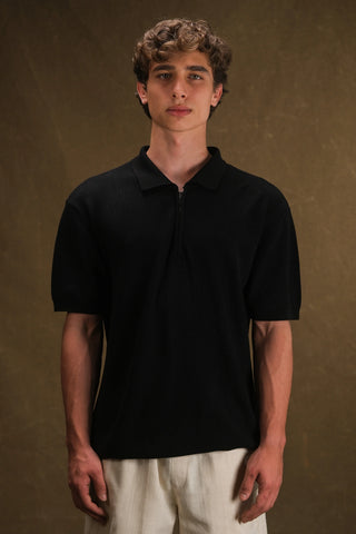 Selanik Fermuarlı Polo Yaka Erkek T-Shirt - Siyah