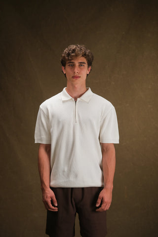 Selanik Örgü Yarım Fermuarlı Polo Yaka Erkek T-Shirt | Regular Fit - Beyaz