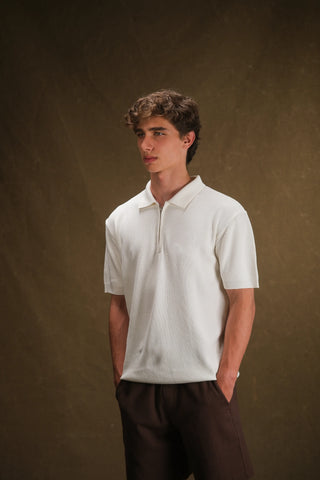 Selanik Örgü Yarım Fermuarlı Polo Yaka Erkek T-Shirt | Regular Fit - Beyaz