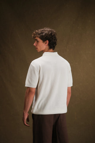 Selanik Örgü Yarım Fermuarlı Polo Yaka Erkek T-Shirt | Regular Fit - Beyaz