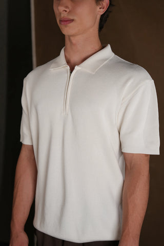 Selanik Örgü Yarım Fermuarlı Polo Yaka Erkek T-Shirt | Regular Fit - Beyaz