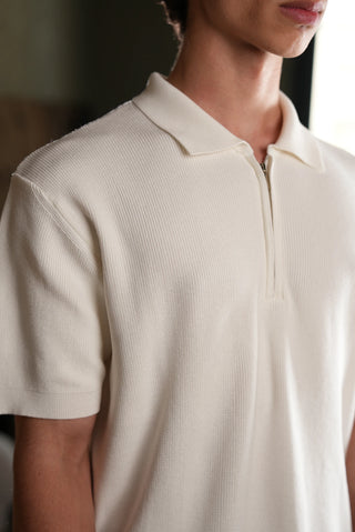 Selanik Örgü Yarım Fermuarlı Polo Yaka Erkek T-Shirt | Regular Fit - Beyaz