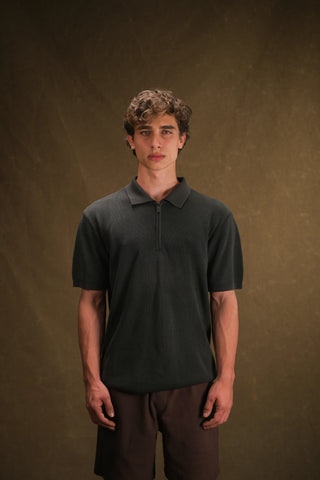 Selanik Örgü Yarım Fermuarlı Polo Yaka Erkek T-Shirt | Regular Fit - Haki Yeşil