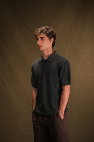 Selanik Örgü Yarım Fermuarlı Polo Yaka Erkek T-Shirt | Regular Fit - Haki Yeşil