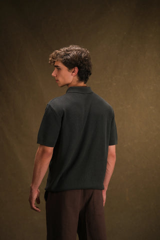Selanik Örgü Yarım Fermuarlı Polo Yaka Erkek T-Shirt | Regular Fit - Haki Yeşil