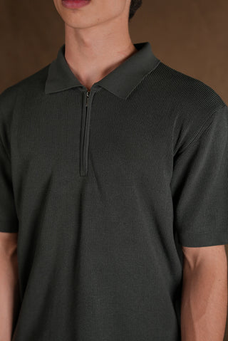 Selanik Örgü Yarım Fermuarlı Polo Yaka Erkek T-Shirt | Regular Fit - Haki Yeşil