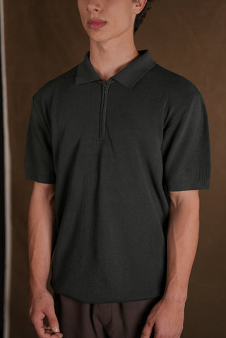Selanik Örgü Yarım Fermuarlı Polo Yaka Erkek T-Shirt | Regular Fit - Haki Yeşil