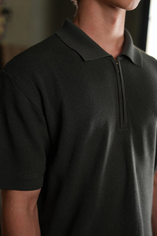 Selanik Örgü Yarım Fermuarlı Polo Yaka Erkek T-Shirt | Regular Fit - Haki Yeşil
