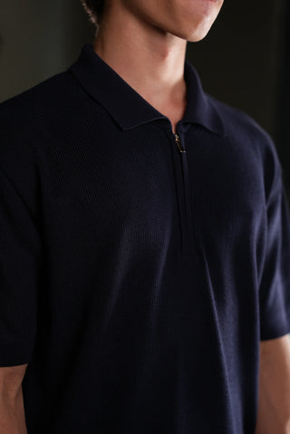 Selanik Örgü Yarım Fermuarlı Polo Yaka Erkek T-Shirt | Regular Fit - Lacivert