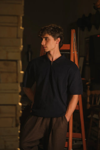 Selanik Örgü Yarım Fermuarlı Polo Yaka Erkek T-Shirt | Regular Fit - Lacivert