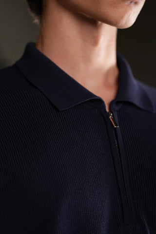 Selanik Örgü Yarım Fermuarlı Polo Yaka Erkek T-Shirt | Regular Fit - Lacivert