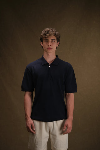 Selanik Örgü Yarım Fermuarlı Polo Yaka Erkek T-Shirt | Regular Fit - Lacivert
