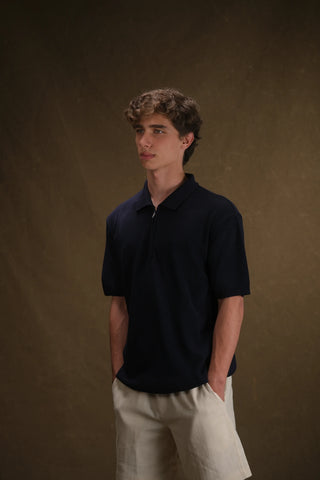 Selanik Örgü Yarım Fermuarlı Polo Yaka Erkek T-Shirt | Regular Fit - Lacivert