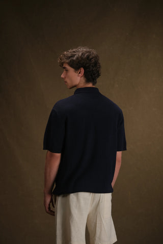 Selanik Örgü Yarım Fermuarlı Polo Yaka Erkek T-Shirt | Regular Fit - Lacivert