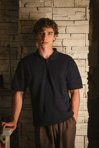 Selanik Örgü Yarım Fermuarlı Polo Yaka Erkek T-Shirt | Regular Fit - Lacivert
