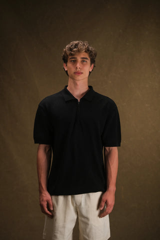 Selanik Örgü Yarım Fermuarlı Polo Yaka Erkek T-Shirt | Regular Fit - Siyah