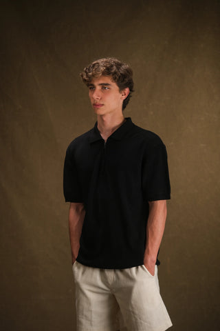 Selanik Örgü Yarım Fermuarlı Polo Yaka Erkek T-Shirt | Regular Fit - Siyah