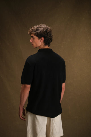 Selanik Örgü Yarım Fermuarlı Polo Yaka Erkek T-Shirt | Regular Fit - Siyah