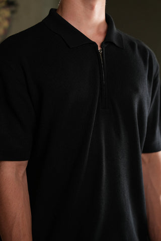 Selanik Örgü Yarım Fermuarlı Polo Yaka Erkek T-Shirt | Regular Fit - Siyah